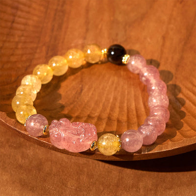 Bracelet de guérison Foviel en quartz fraise, Pixiu et quartz rutile