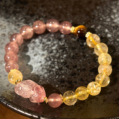 Bracelet de guérison Foviel en quartz fraise, Pixiu et quartz rutile