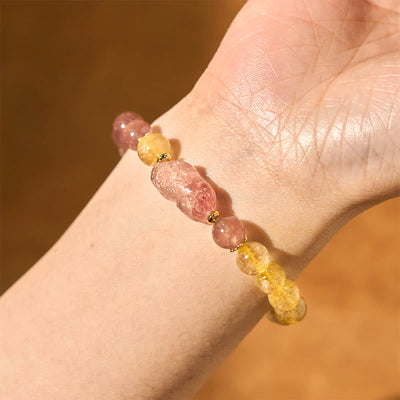 Bracelet de guérison Foviel en quartz fraise, Pixiu et quartz rutile