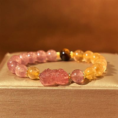 Bracelet de guérison Foviel en quartz fraise, Pixiu et quartz rutile