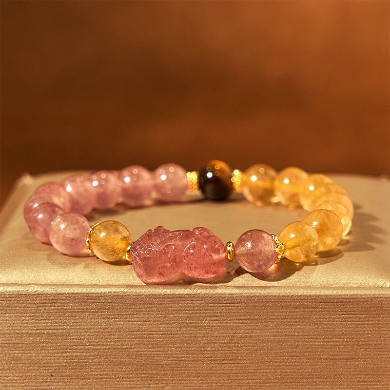 Bracelet de guérison Foviel en quartz fraise, Pixiu et quartz rutile