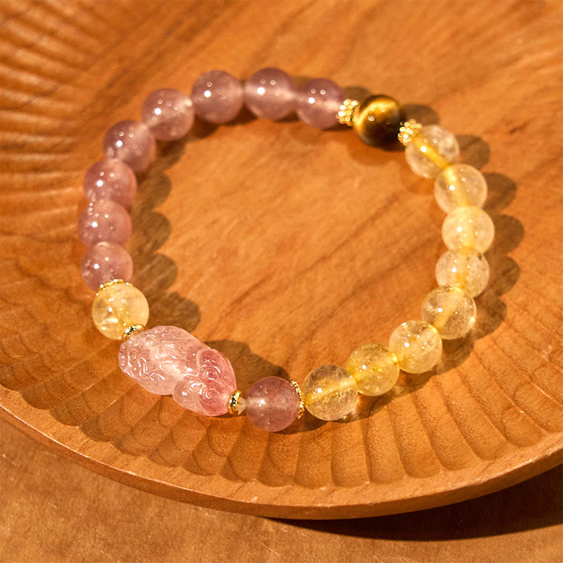 Foviel Strawberry Quartz Pixiu Rutilated Quartz Beads Healing Bracelet