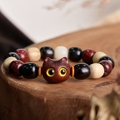 Foviel Small Leaf Red Sandalwood Ebony Wood Cute Cat Engraved Protection Bracelet