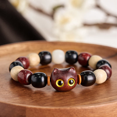Foviel Small Leaf Red Sandalwood Ebony Wood Cute Cat Engraved Protection Bracelet
