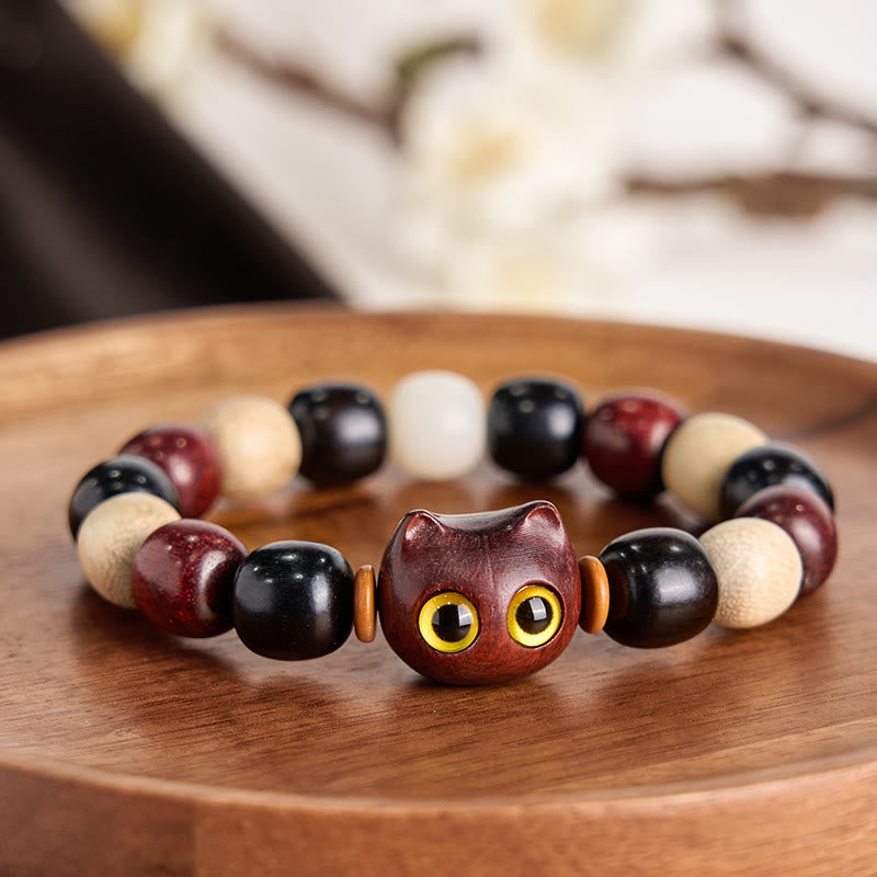 Foviel Small Leaf Red Sandalwood Ebony Wood Cute Cat Engraved Protection Bracelet