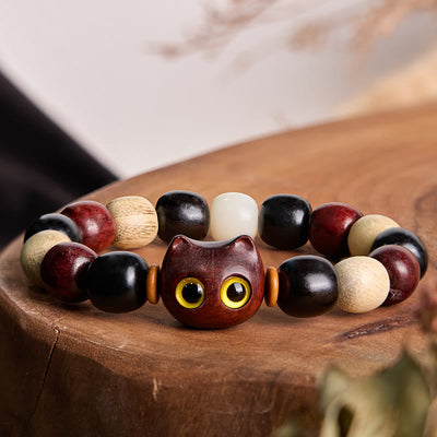 Foviel Small Leaf Red Sandalwood Ebony Wood Cute Cat Engraved Protection Bracelet