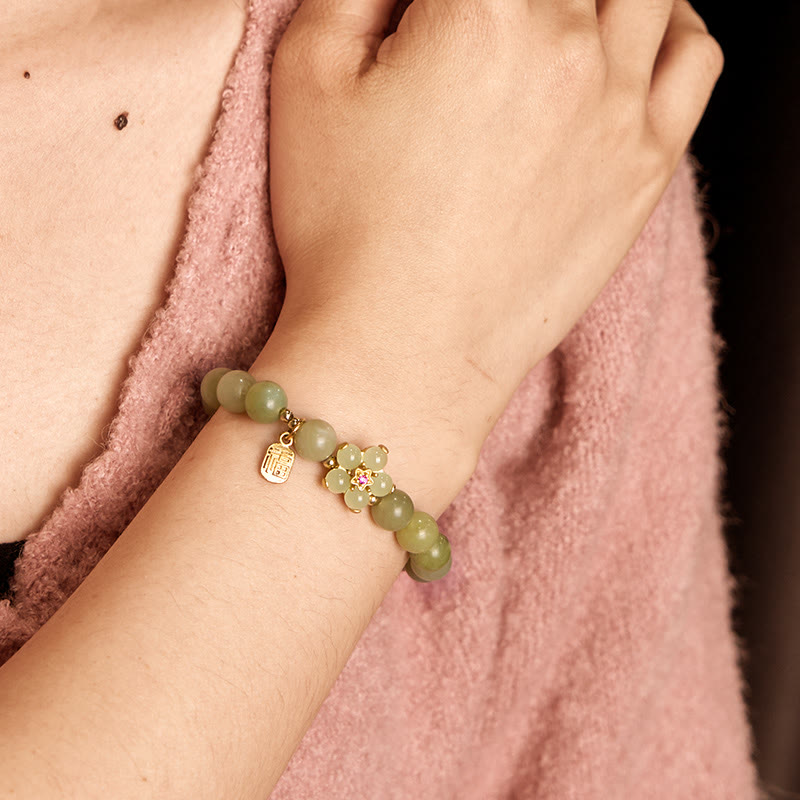 Foviel Grüne Jade Blume Fu Charakter Charme Glück Armband