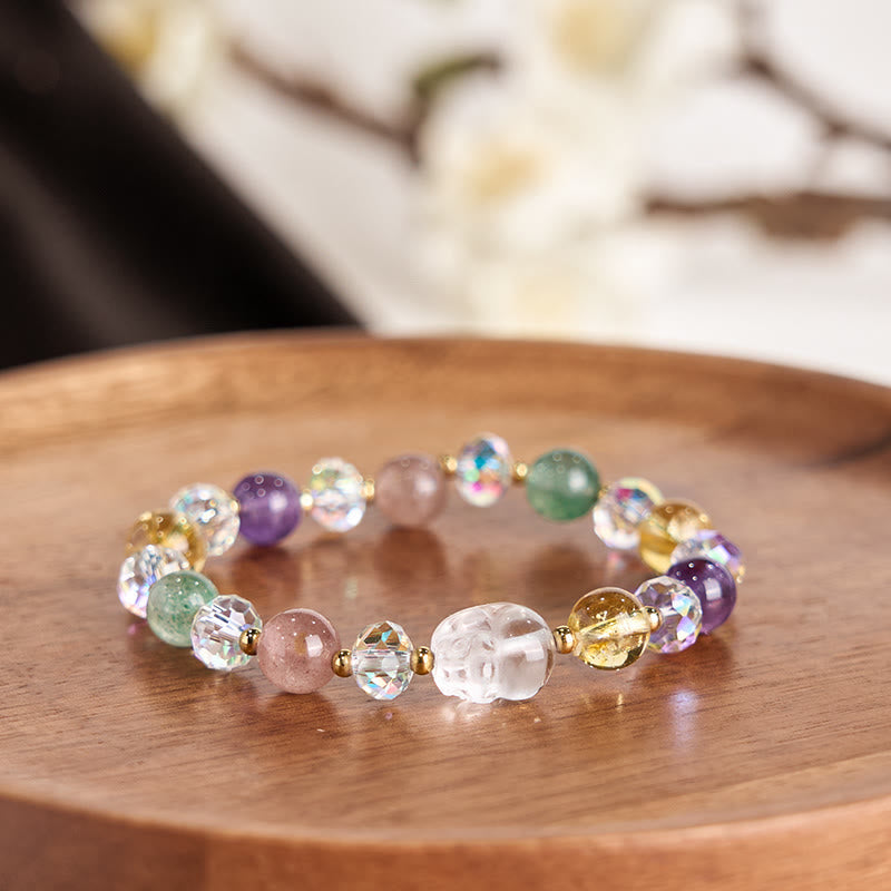 Bracelet porte-bonheur Foviel PiXiu en cristal blanc, citrine, quartz fraise vert et améthyste