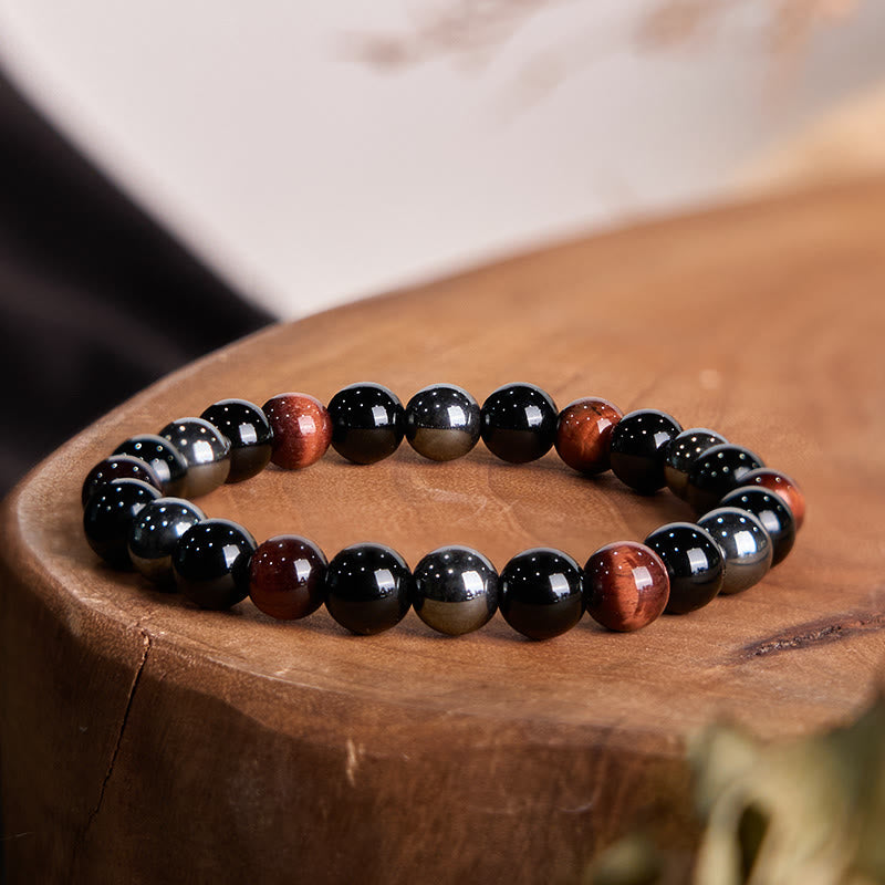 Bracelet Foviel puissant et positif en œil de tigre, obsidienne et hématite