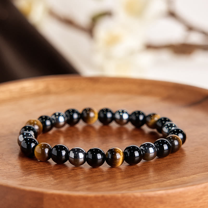 Bracelet Foviel puissant et positif en œil de tigre, obsidienne et hématite