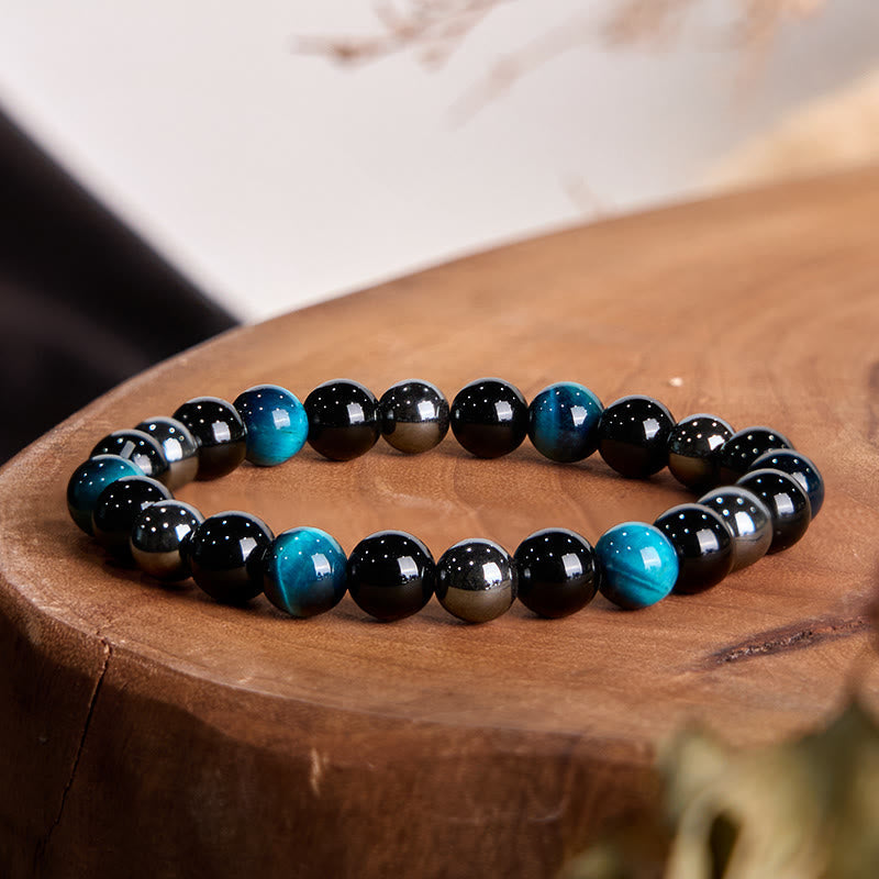 Bracelet Foviel puissant et positif en œil de tigre, obsidienne et hématite