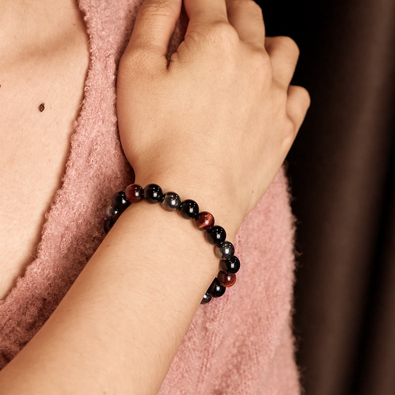 Bracelet Foviel puissant et positif en œil de tigre, obsidienne et hématite