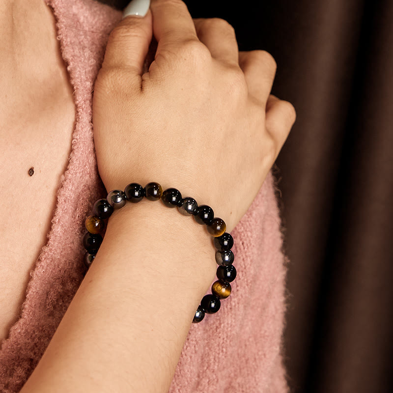 Bracelet Foviel puissant et positif en œil de tigre, obsidienne et hématite
