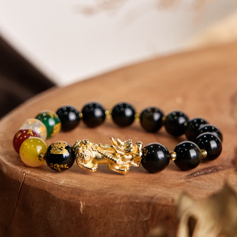 Foviel Natural Gold Sheen Obsidian PiXiu Five Directions Gods of Wealth Protection Bracelet