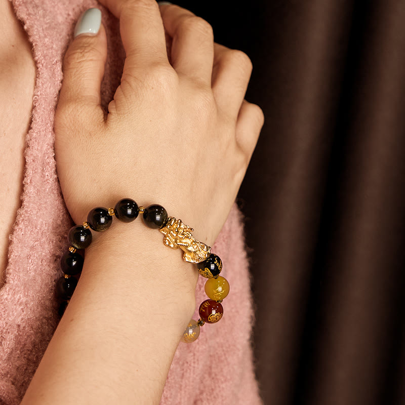 Foviel Natural Gold Sheen Obsidian PiXiu Five Directions Gods of Wealth Protection Bracelet