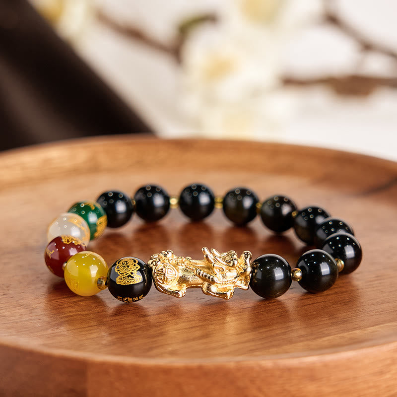 Foviel Natural Gold Sheen Obsidian PiXiu Five Directions Gods of Wealth Protection Bracelet