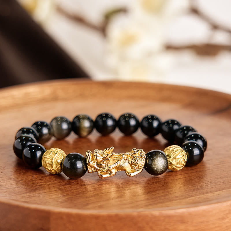 Foviel Natürliches Gold Sheen Obsidian PiXiu Om Mani Padme Hum Reichtum Armband