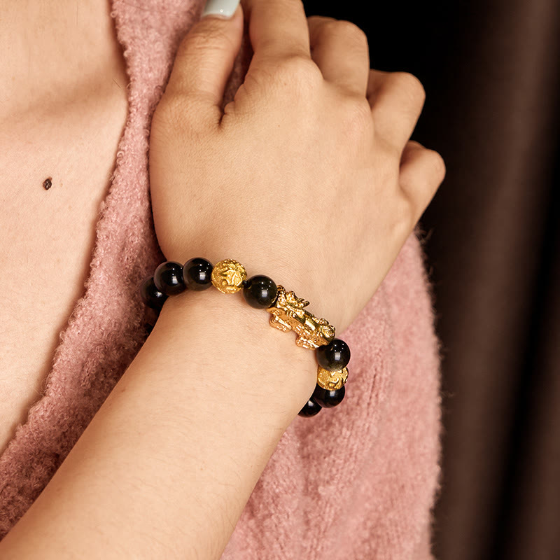 Foviel Natürliches Gold Sheen Obsidian PiXiu Om Mani Padme Hum Reichtum Armband