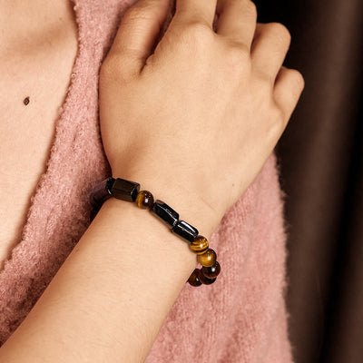 Foviel Natürliche schwarze Turmalin Tigerauge positives Armband