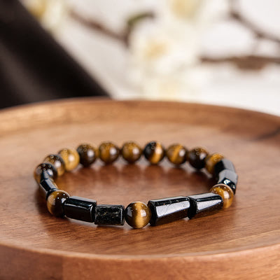 Foviel Natürliche schwarze Turmalin Tigerauge positives Armband