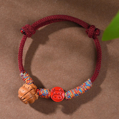 Foviel Handmade Chinese Zodiac Red String Peach Pit Cinnabar Luck Bracelet