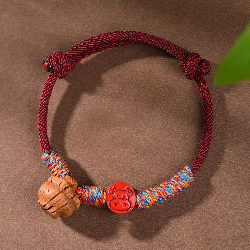 Foviel Handmade Chinese Zodiac Red String Peach Pit Cinnabar Luck Bracelet