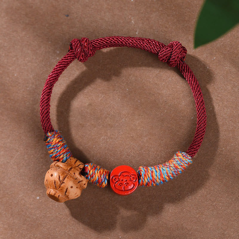 Foviel Handmade Chinese Zodiac Red String Peach Pit Cinnabar Luck Bracelet