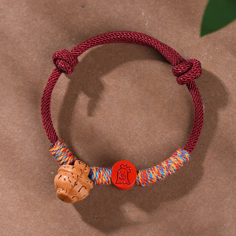 Foviel Handmade Chinese Zodiac Red String Peach Pit Cinnabar Luck Bracelet