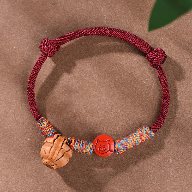 Foviel Handmade Chinese Zodiac Red String Peach Pit Cinnabar Luck Bracelet