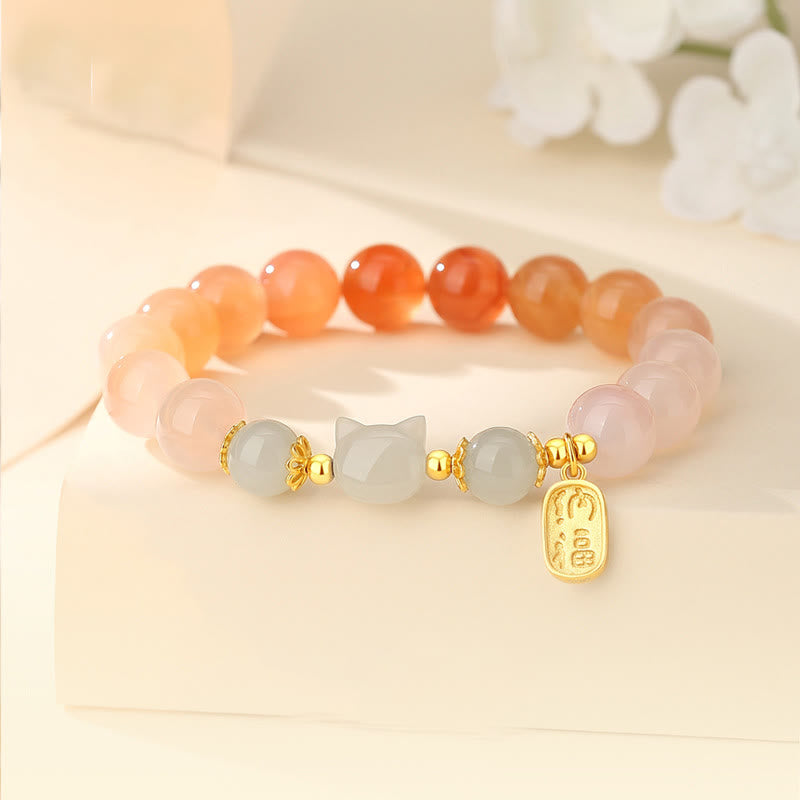 Foviel 925 Sterling Silver Red Agate Hetian Jade Cat Fu Character Confidence Bracelet