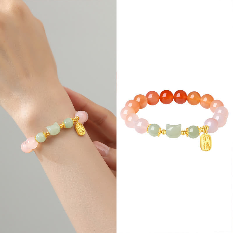 Bracelet Foviel en argent sterling 925 avec agate rouge, jade de Hetian, chat et caractère Fu, symbole de confiance