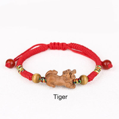 Foviel Handmade Chinese Zodiac Red String Peach Wood Luck Bracelet