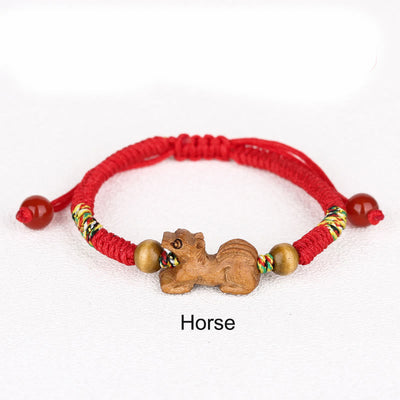 Foviel Handmade Chinese Zodiac Red String Peach Wood Luck Bracelet
