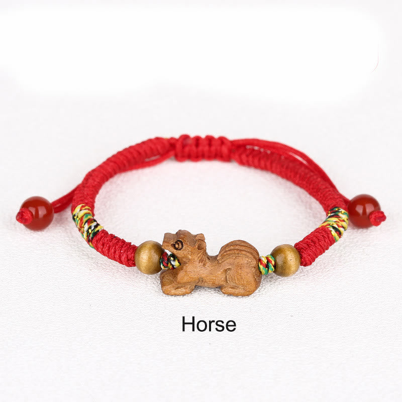 Foviel Handmade Chinese Zodiac Red String Peach Wood Luck Bracelet