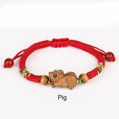 Foviel Handmade Chinese Zodiac Red String Peach Wood Luck Bracelet