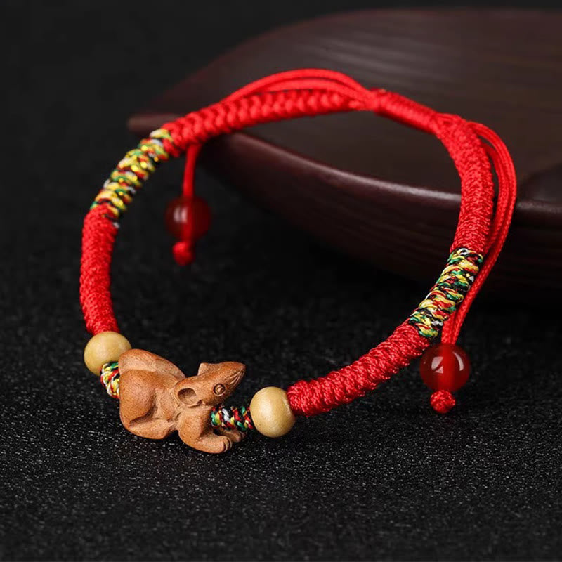 Foviel Handmade Chinese Zodiac Red String Peach Wood Luck Bracelet