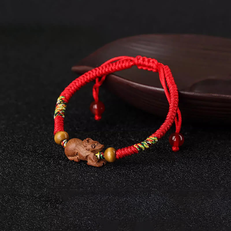 Foviel Handmade Chinese Zodiac Red String Peach Wood Luck Bracelet