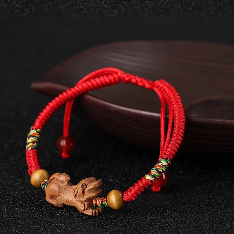 Foviel Handmade Chinese Zodiac Red String Peach Wood Luck Bracelet