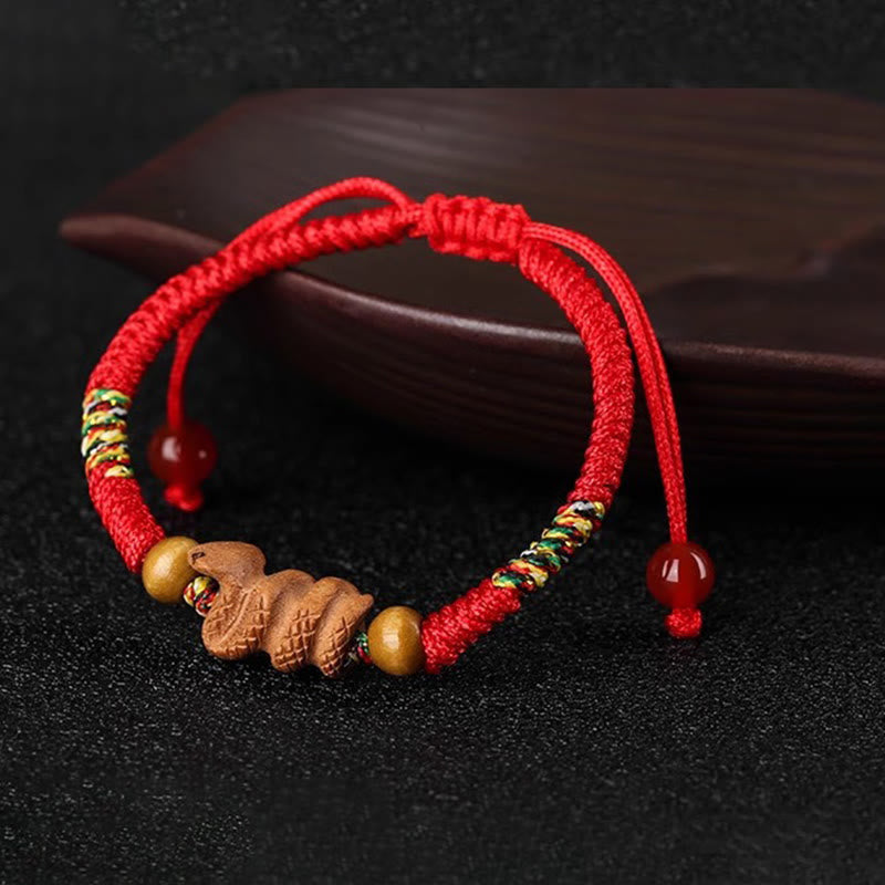 Foviel Handmade Chinese Zodiac Red String Peach Wood Luck Bracelet