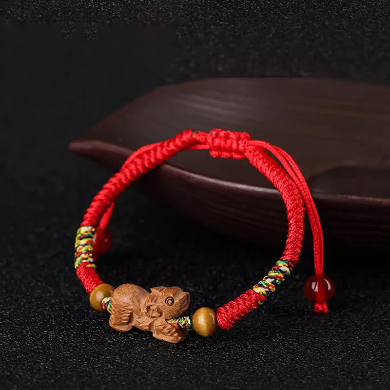 Foviel Handmade Chinese Zodiac Red String Peach Wood Luck Bracelet