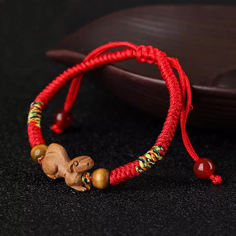 Foviel Handmade Chinese Zodiac Red String Peach Wood Luck Bracelet