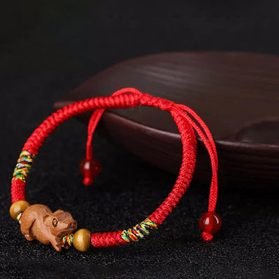 Foviel Handmade Chinese Zodiac Red String Peach Wood Luck Bracelet