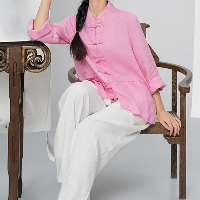 Buddha Stones Solid Color Frog-button Long Sleeve Linen Women's Shirts With Pockets - image 3
