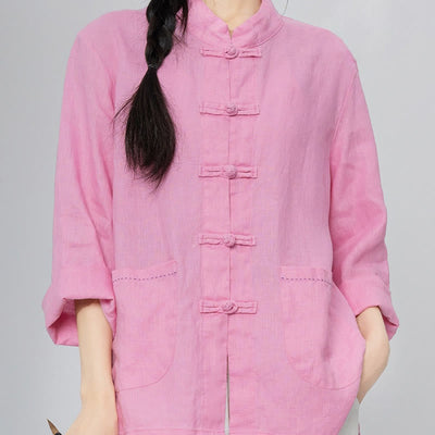 Buddha Stones Solid Color Frog-button Long Sleeve Linen Women's Shirts With Pockets - image 1