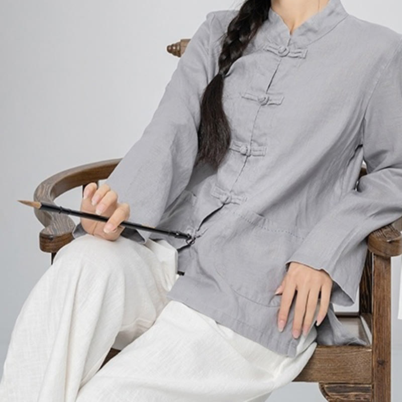 Buddha Stones Solid Color Frog-button Long Sleeve Linen Women's Shirts With Pockets - image 8