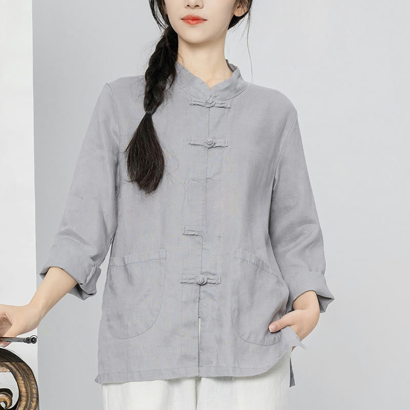 Buddha Stones Solid Color Frog-button Long Sleeve Linen Women's Shirts With Pockets - image 7