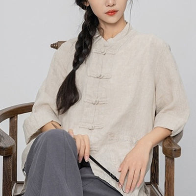 Buddha Stones Solid Color Frog-button Long Sleeve Linen Women's Shirts With Pockets - image 16