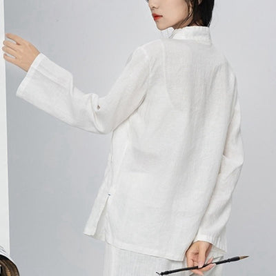 Buddha Stones Solid Color Frog-button Long Sleeve Linen Women's Shirts With Pockets - image 27