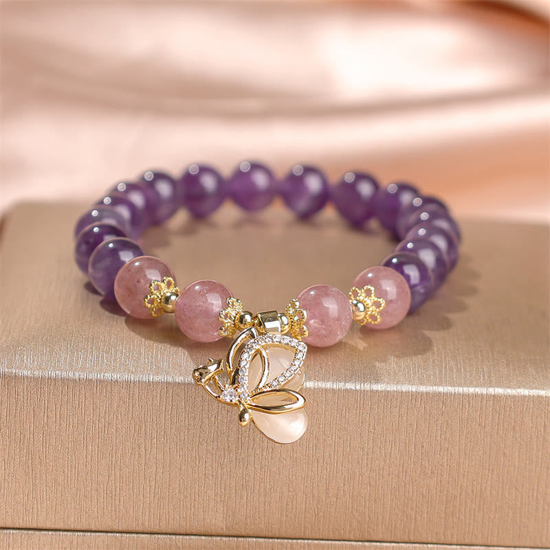 Foviel Natürliche Amethyst Erdbeerquarz Kristall Heilende Schmetterling Charm Armband