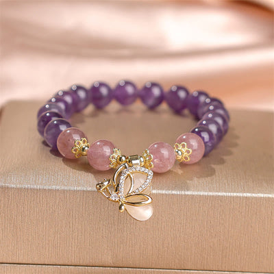 Foviel Natural Amethyst Strawberry Quartz Crystal Healing Butterfly Charm Bracelet
